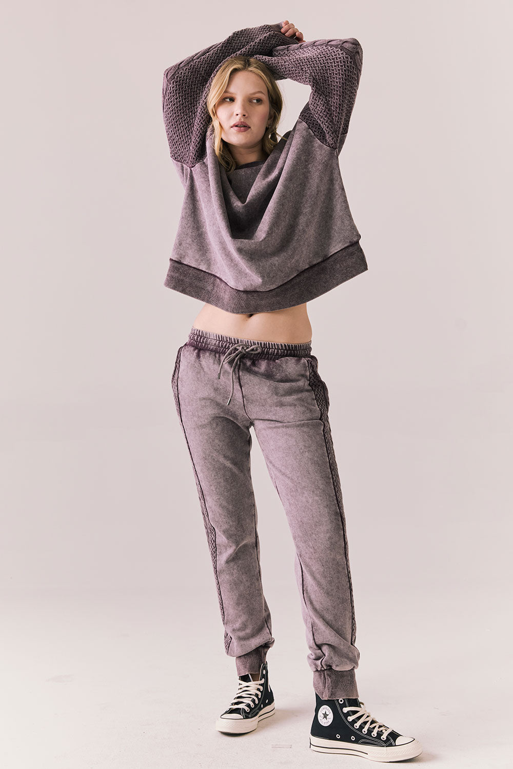 Full body view of model wearing fig Bay fleece joggers