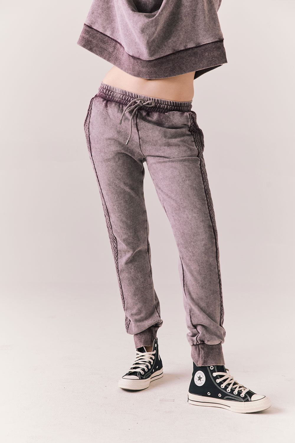 Front view of model wearing Bay Joggers in fig