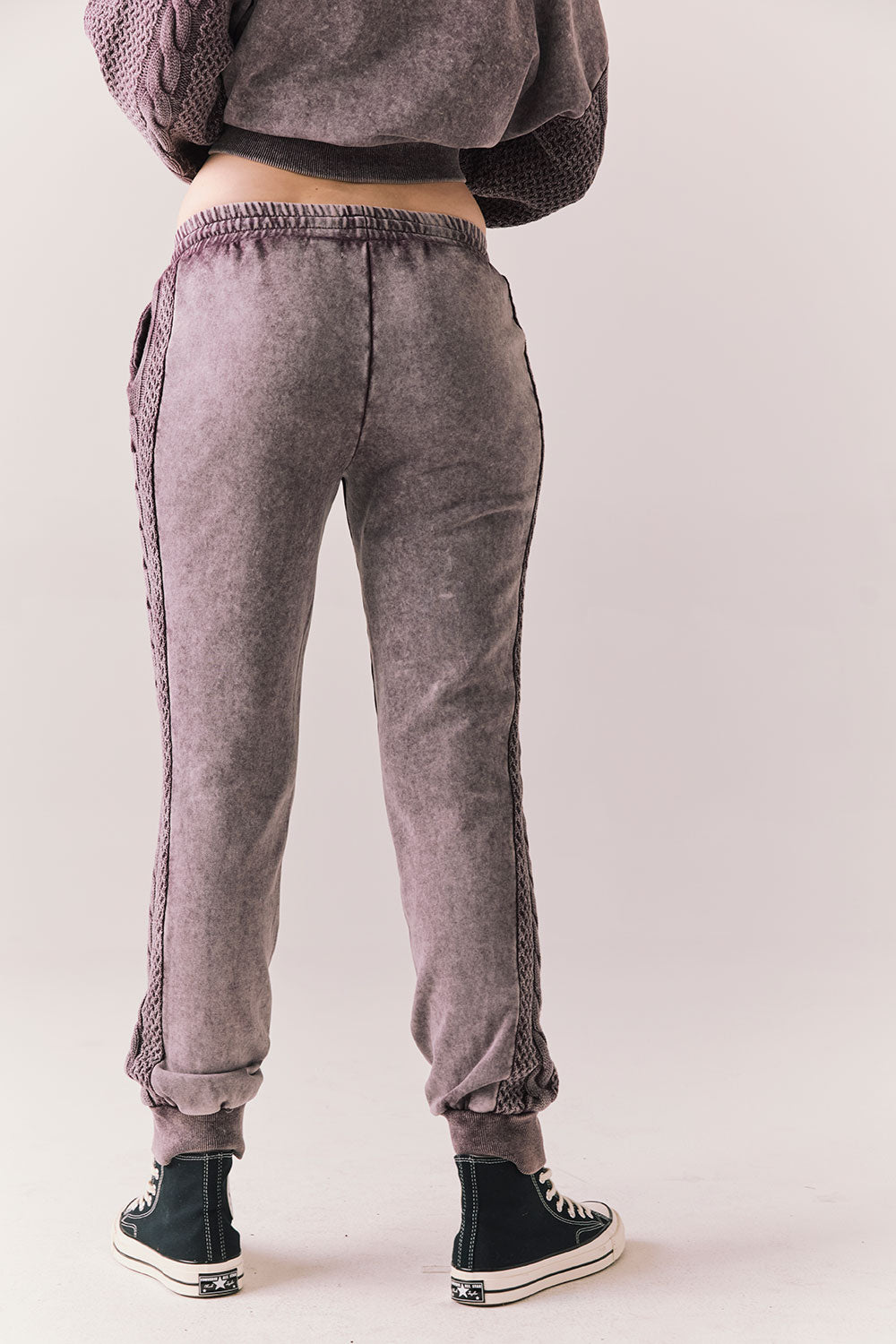 Back view of Bay joggers in fig with tonal print