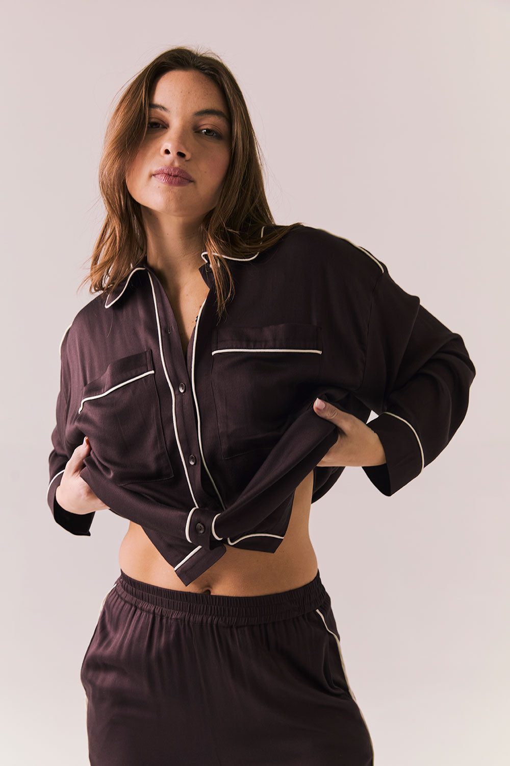 Eurielle Espresso and Starry White Button Down Womens chaserbrand
