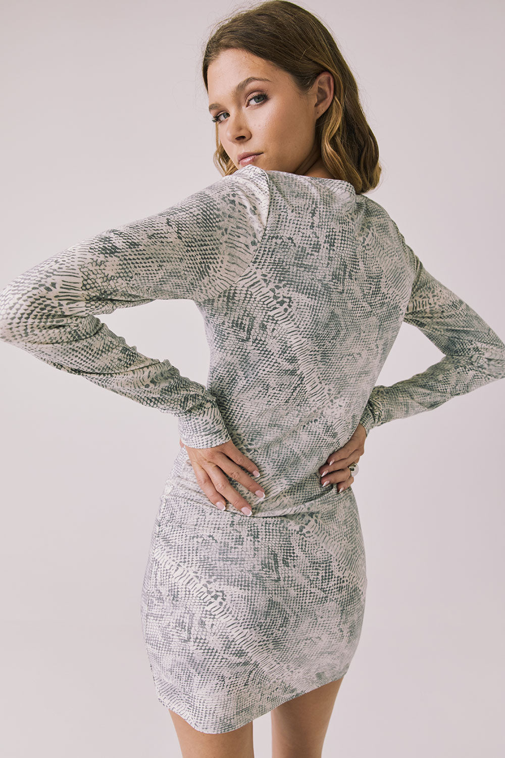 Back view of woman wearing Chaser’s Ziggy Python Print Mini Dress on a white background