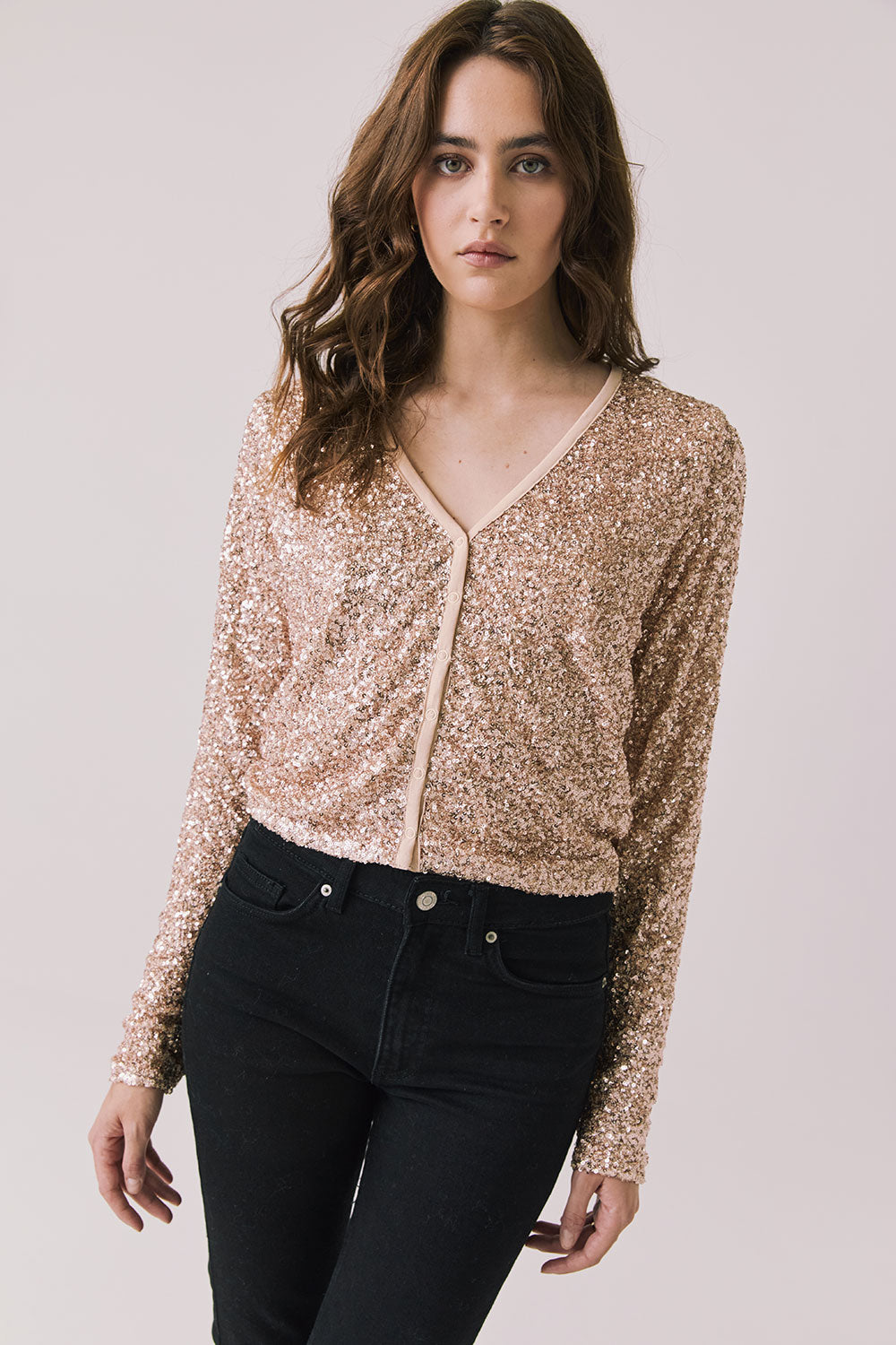 Front view of woman wearing Chaser’s Sparrow Bronze Brown Long Sleeve button-up on a white background