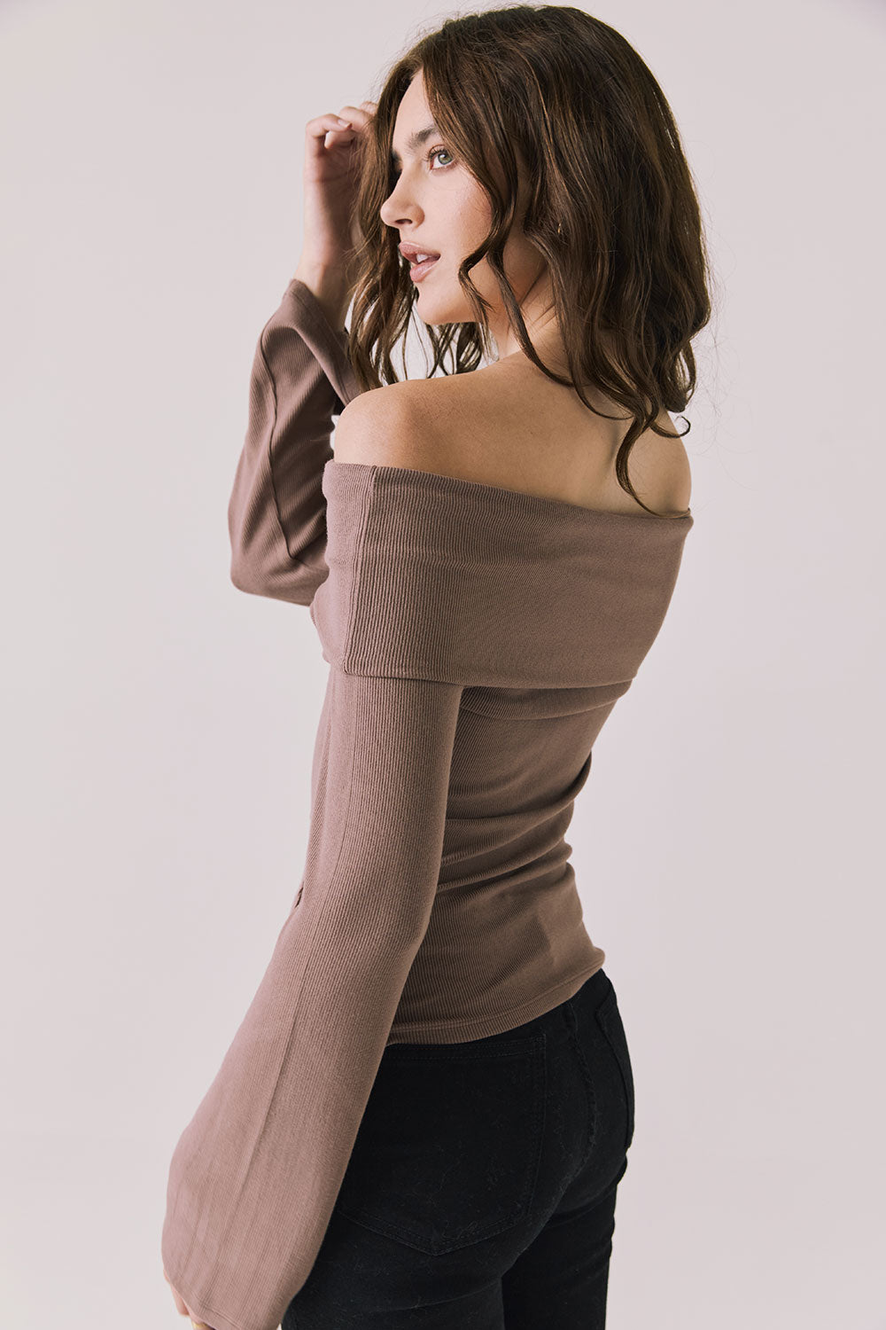 Back view of woman wearing Chaser’s Pixie Deep Taupe Long Sleeve on a white background