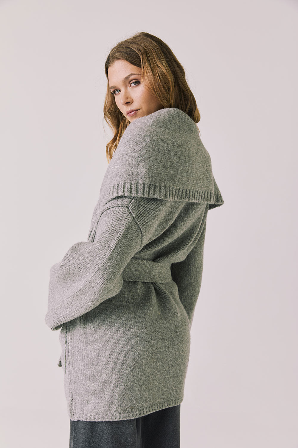 Back view of woman wearing Chaser’s Eclipse Heather Grey Cardigan Robe on a white background