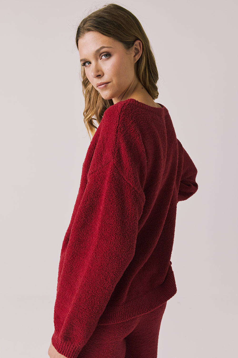 Back view of woman wearing Chaser’s Miller Purple-Red Fig Pullover Sweater on a white background