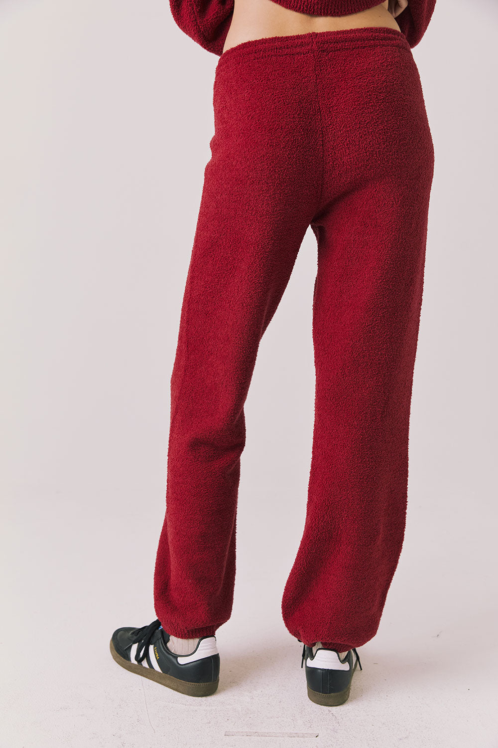 Back view of woman wearing Chaser’s Monica Purple-Red Fig Joggers on a white background