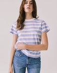 Full body view of woman wearing Chaser’s Cosmo Pink Stripes Tee paired with blue jeans on a white background