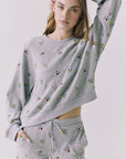 Chaser Terra Heather Grey Ditsy Embroidery Pullover highlighting soft waffle texture and slightly cropped silhouette