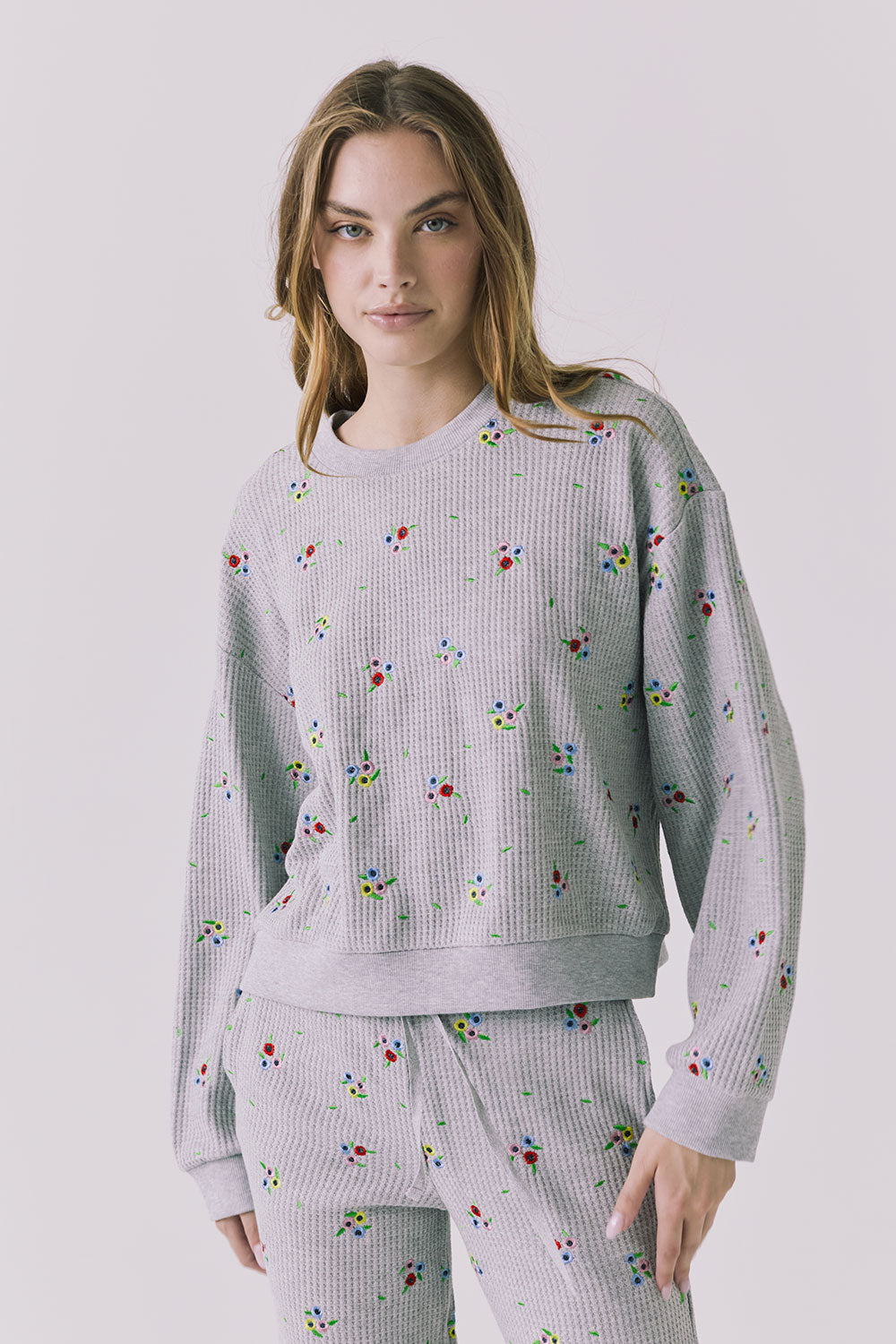 Chaser Terra Heather Grey Ditsy Embroidery Pullover featuring relaxed drop shoulders and ribbed crew neckline