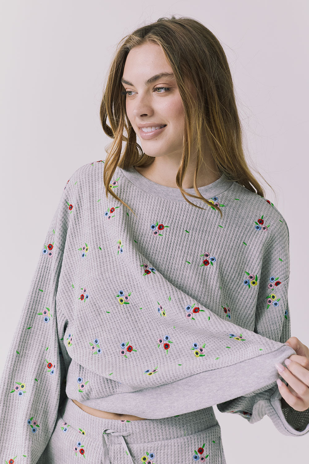 Chaser Terra Heather Grey Ditsy Embroidery Pullover with ribbed hem and easy lounge fit