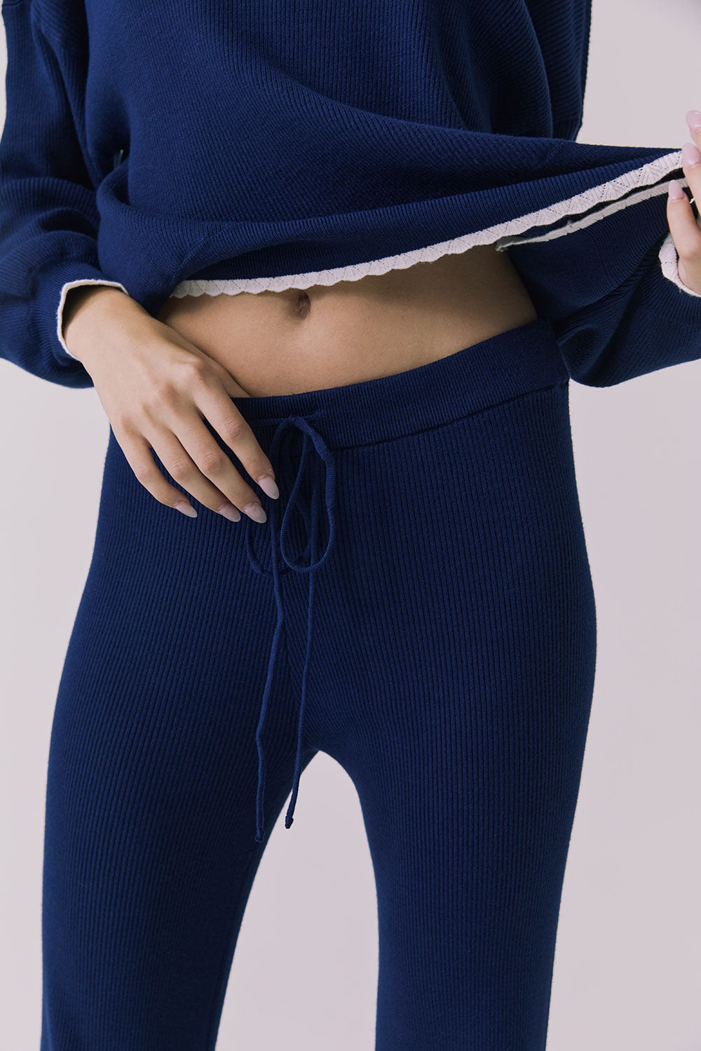 Close-up view of the Sailor Worn Blue Joggers showing the ribbed texture and adjustable drawstring waistband
