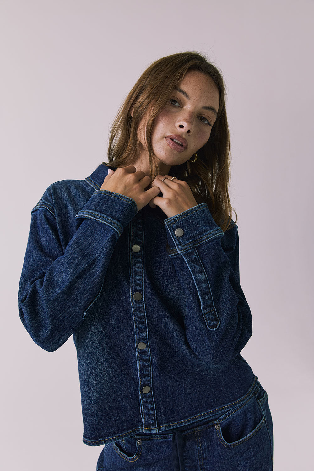 Chaser All Day Indigo Wash Button Down in Indigo Wash shown in a relaxed front angle with classic collar and worn-in indigo tone