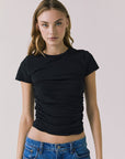 Front view of the Chaser Louis Black Tee featuring a fitted silhouette and soft side ruching
