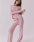 Full body view of Chaser Seaport Pink Salt cardigan paired with matching Sailor Pink Salt joggers for a coordinated lounge set