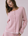 Chaser Seaport Pink Salt cardigan worn buttoned with matching Sailor Pink Salt joggers visible at the waist