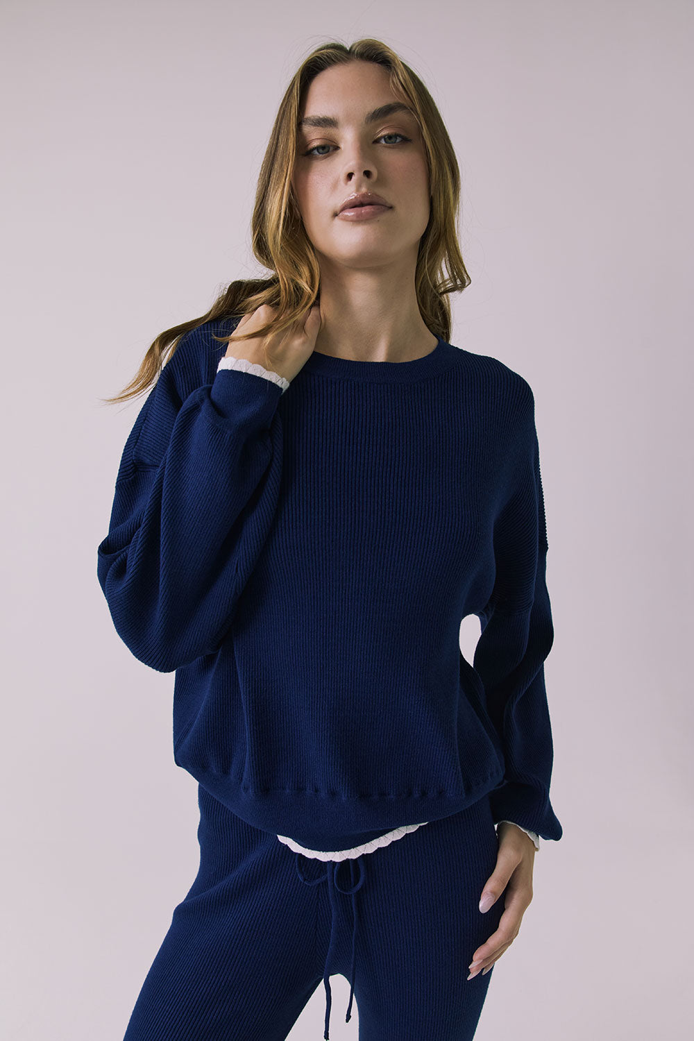Front view of the Chaser Rhode Worn Blue Pullover featuring a relaxed silhouette and soft ribbed texture