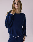 Front view of the Chaser Rhode Worn Blue Pullover featuring a relaxed silhouette and soft ribbed texture