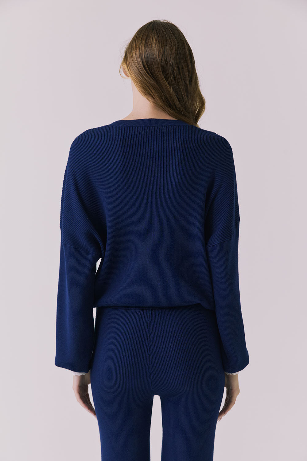 Back view of the Chaser Rhode Worn Blue Pullover showing the ribbed texture and relaxed back fit