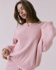 Close-up front view of the Chaser Rhode Pink Salt Pullover highlighting the soft ribbed fabric and crew neckline