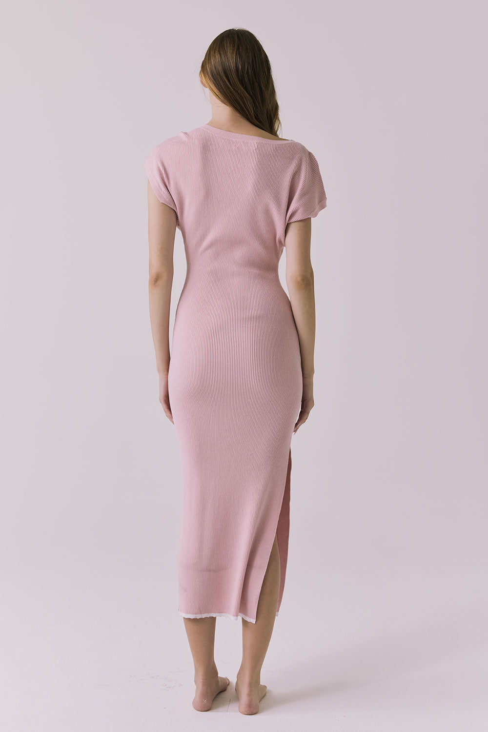 Back view of the Chaser Porter Midi Dress in Pink Salt showing a clean neckline and slim midi-length fit