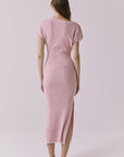 Back view of the Chaser Porter Midi Dress in Pink Salt showing a clean neckline and slim midi-length fit
