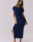 Angled front view of the Chaser Porter Midi Dress in Worn Blue showing the fitted silhouette and soft drape