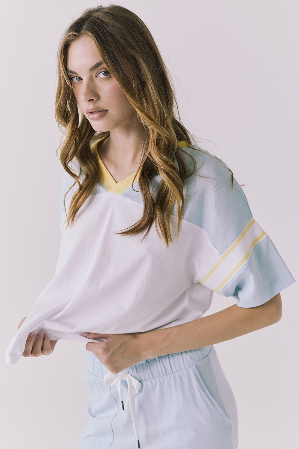 Chaser Palmer Tee in White with Mineral Butter trim featuring contrast sleeve striping and a laid back oversized shape
