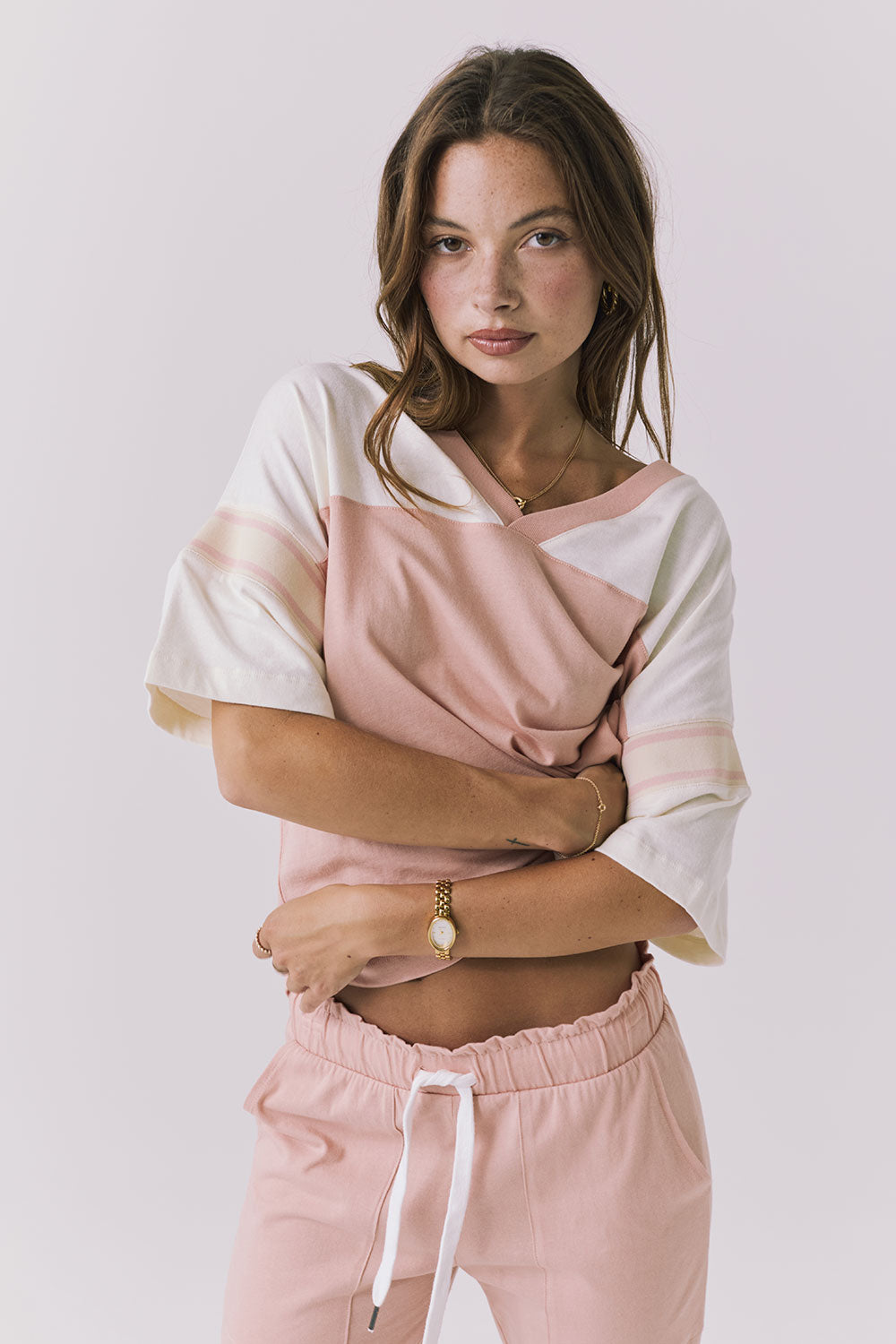 Chaser Palmer Tee in Starry White and Delicate Honey shown front view with soft colorblock detail and relaxed short sleeve silhouette