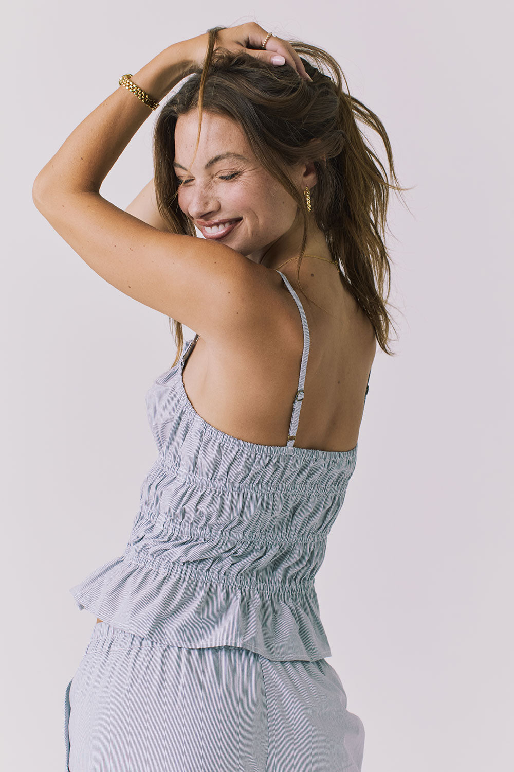 Chaser Lorenzo Pinstripe Poplin Top with adjustable straps and fully smocked back for a flattering flexible fit