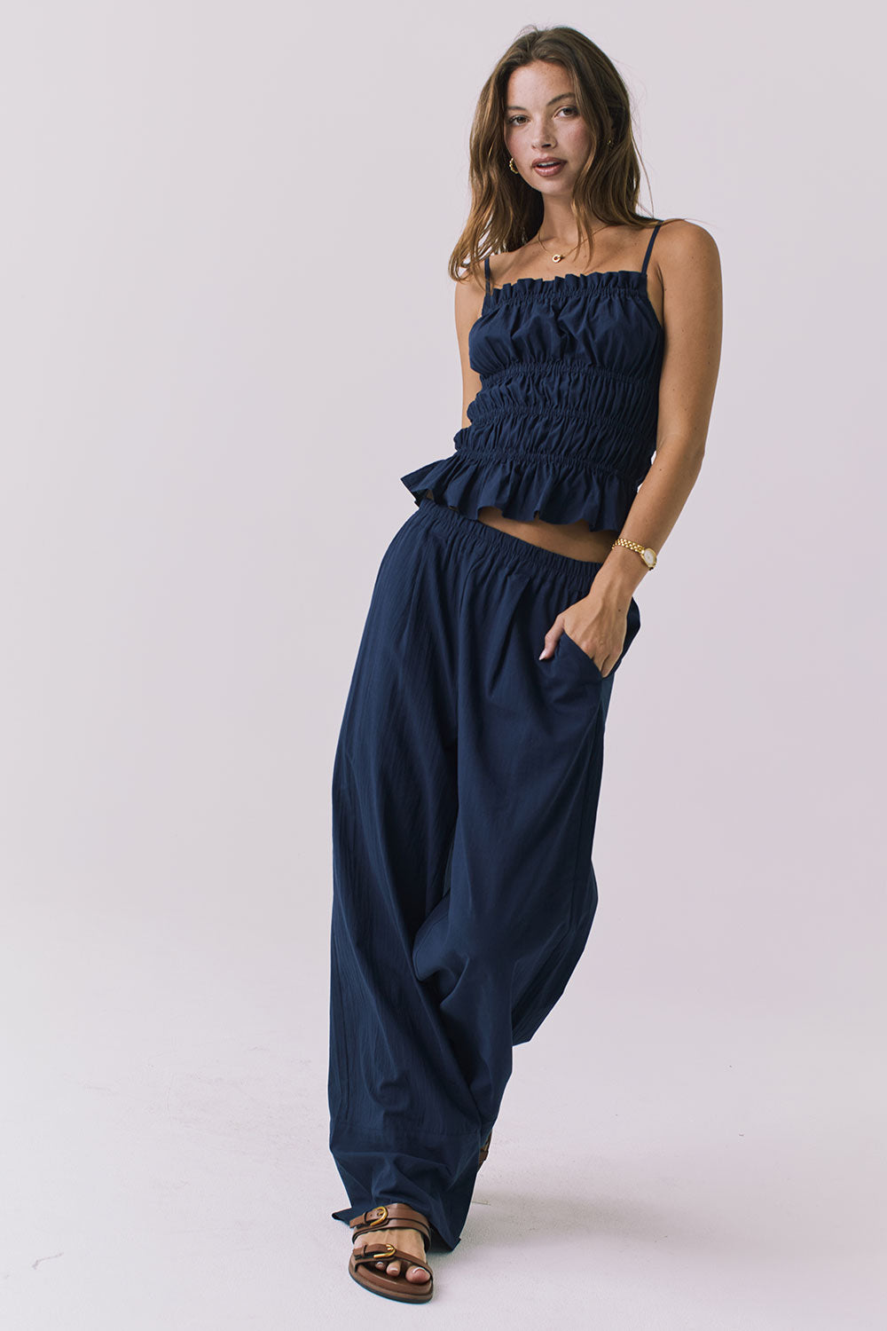 Chaser Lorenzo Navy Poplin Top in Navy styled as a coordinated set with matching Dorit Trousers