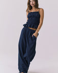 Chaser Dorit Trousers in Navy shown full body styled with the Lorenzo Tank and flat sandals for an effortless warm weather look