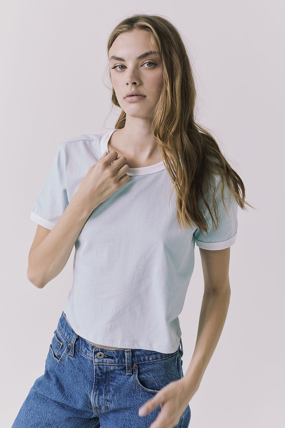 Chaser Jamesonn Tee in White and Mineral Butter shown front view featuring a relaxed fit and clean ringer neckline