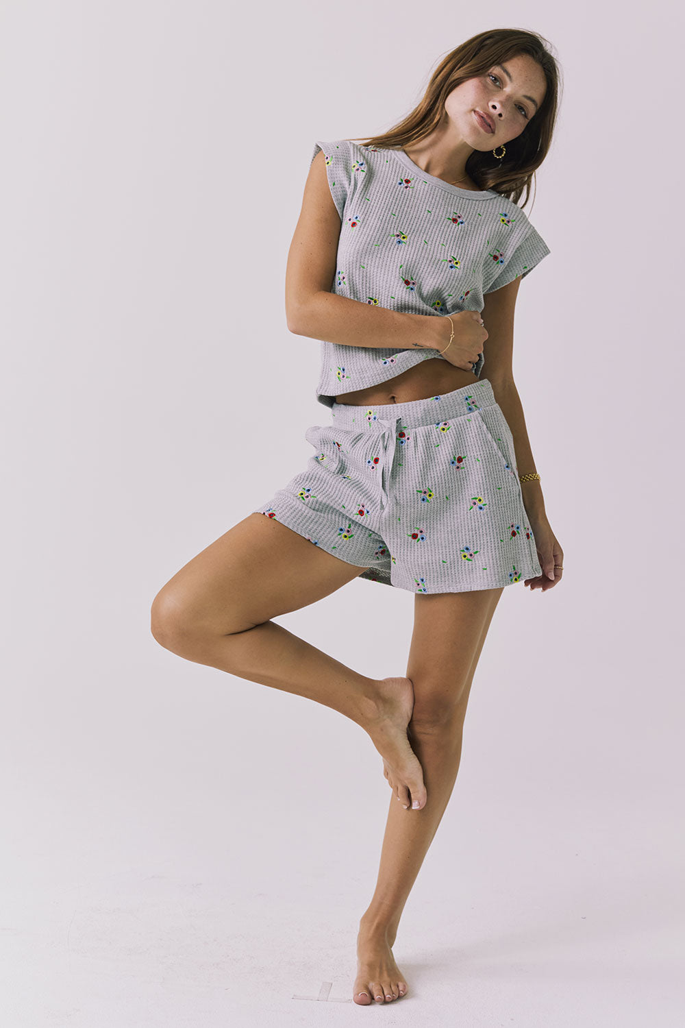 Chaser Kesh Short in Heather Grey with ditsy embroidery styled as a matching set with the Frankee Tee showcasing the coordinated waffle texture and easy lounge fit
