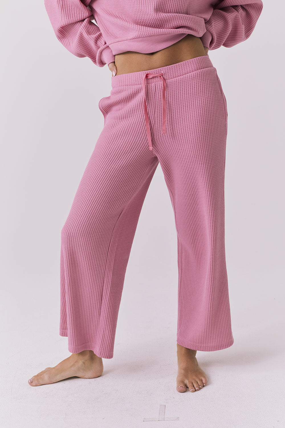 Chaser Brandy Crop Joggers in Sugar Magnolia shown from the front featuring a waffle knit texture, cropped leg, and adjustable drawstring waistband