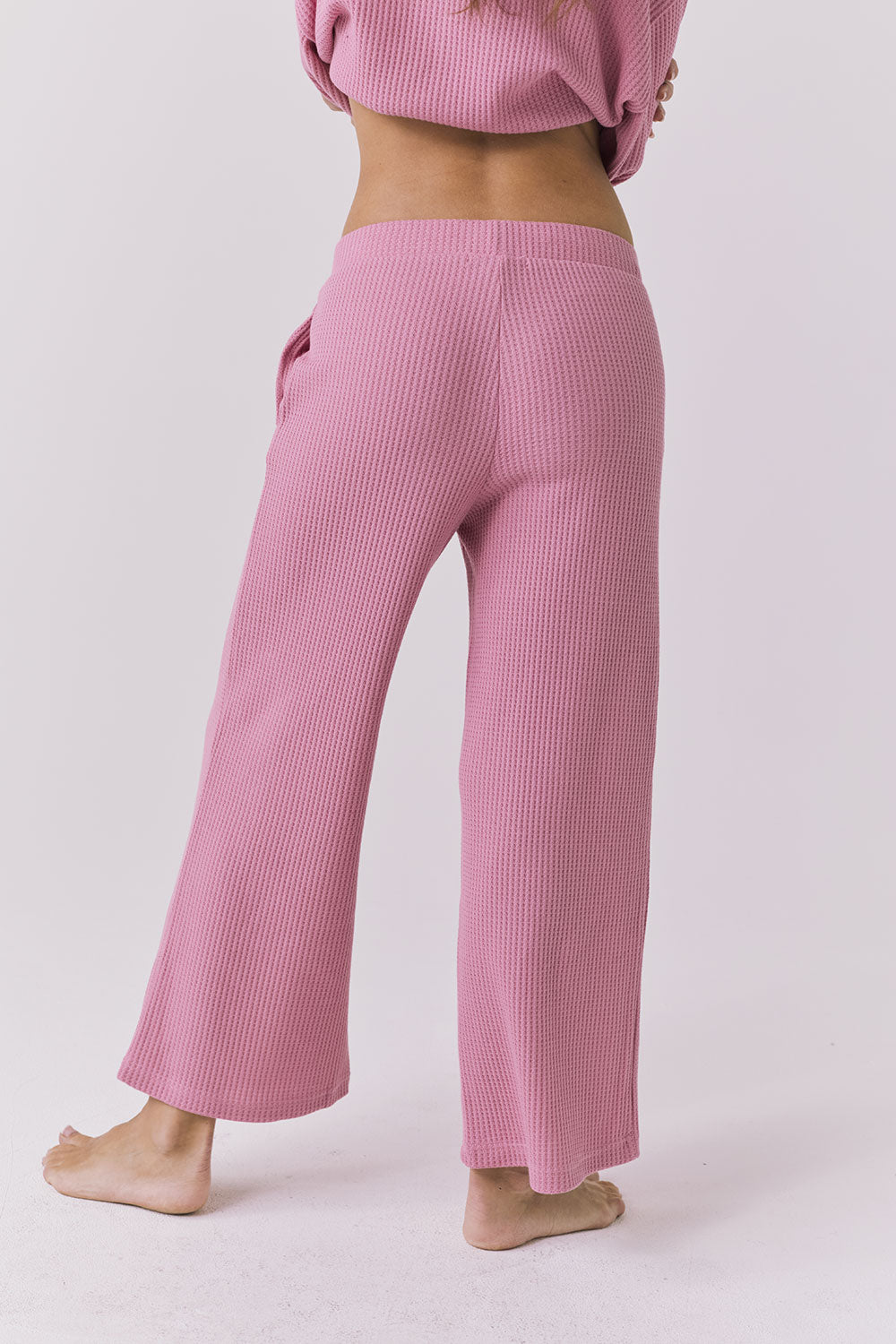 Back view of Chaser Brandy Crop Joggers in Sugar Magnolia showing the cropped silhouette, clean waistband, and textured waffle knit finish