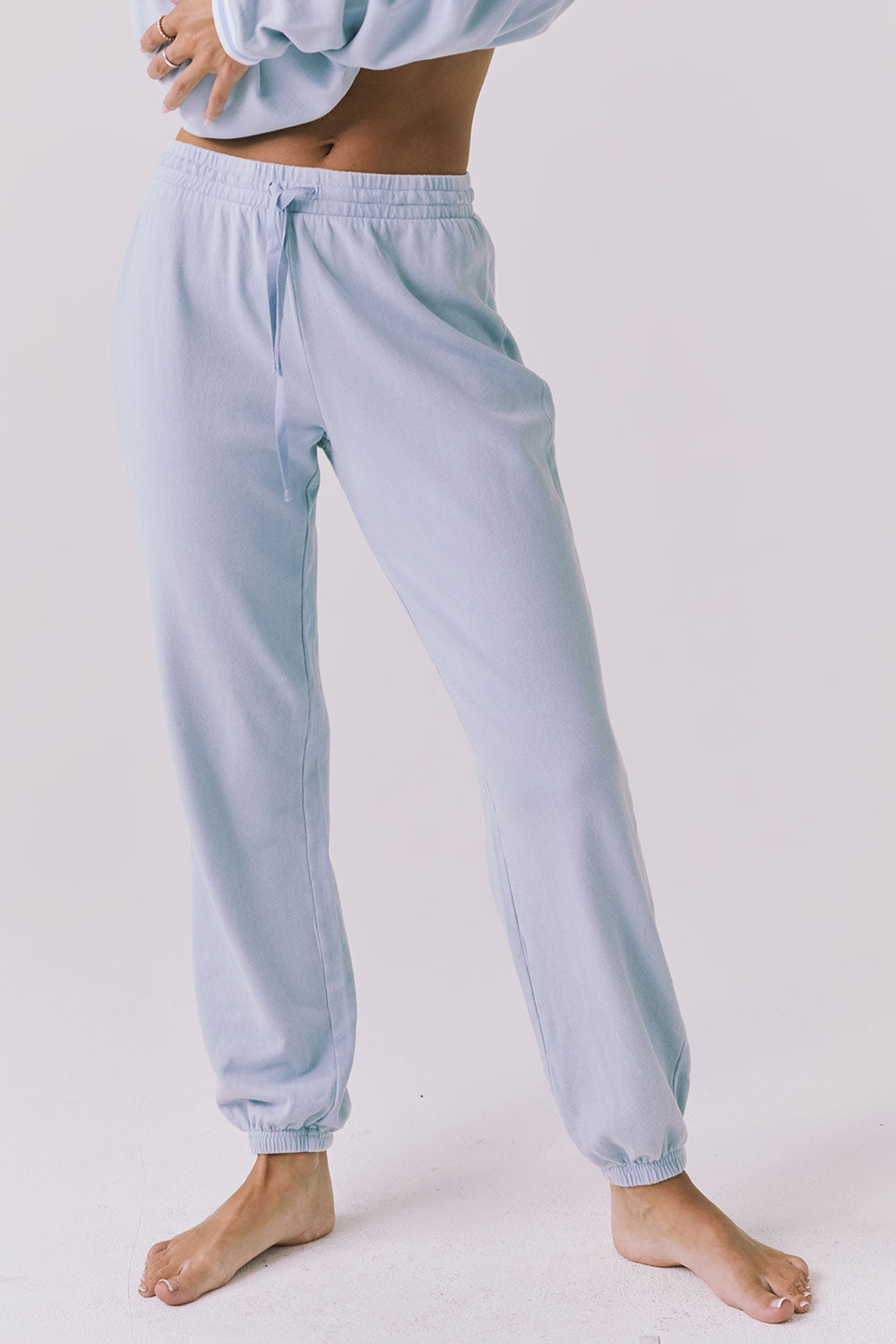 Chaser Willa Blue Bird Joggers front waist-down view in Blue Bird with elastic waistband and relaxed tapered leg