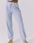 Chaser Willa Blue Bird Joggers front waist-down view in Blue Bird with elastic waistband and relaxed tapered leg