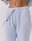 Chaser Willa Blue Bird Joggers close front detail showing elastic waistband and tonal drawstring in Blue Bird