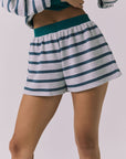 Front view of the Chaser Resort Stripe Shorts in Heather Grey featuring horizontal stripe detailing and elastic waistband