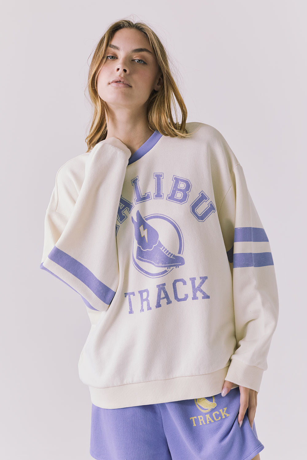 Chaser Malibu Track Long Sleeve Starry White with Soft Blue collar and Malibu Track graphic styled casually with athletic inspired silhouette