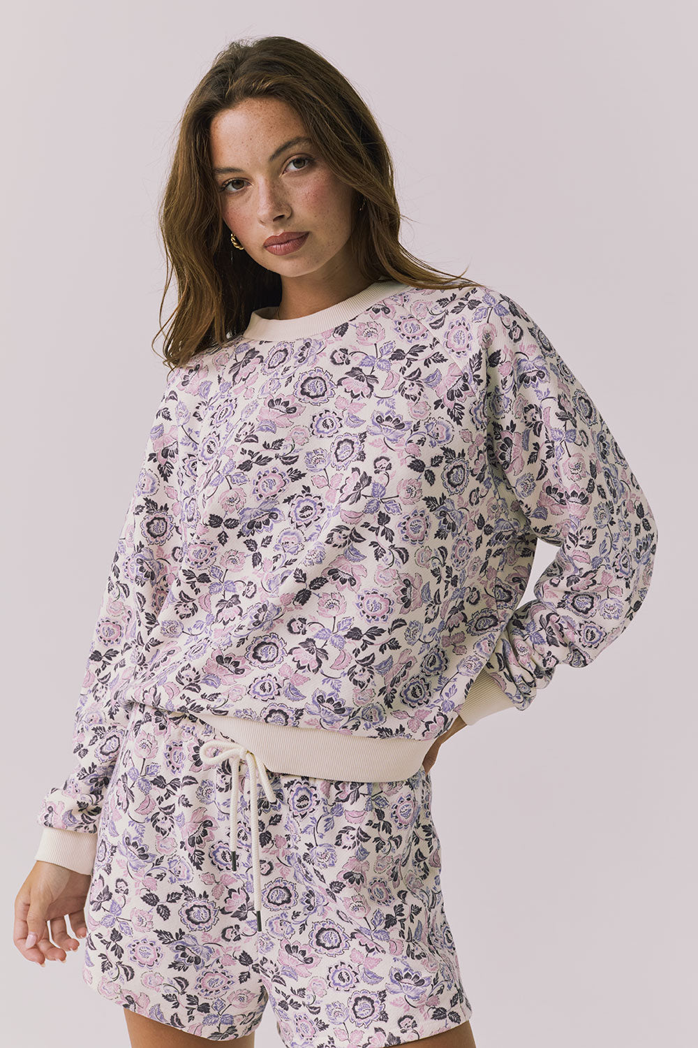 Chaser Vintage Paisley Long Sleeve in Starry White styled with matching Vintage Paisley Shorts front view