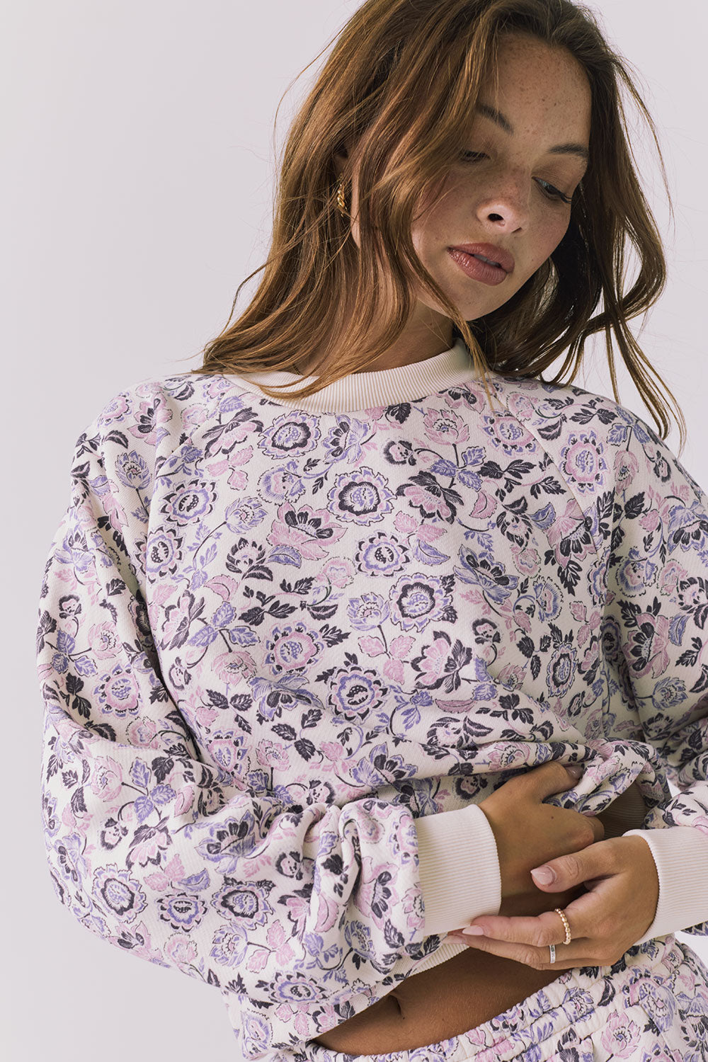 Chaser Vintage Paisley Long Sleeve in Starry White close view highlighting pastel paisley print and ribbed cuff