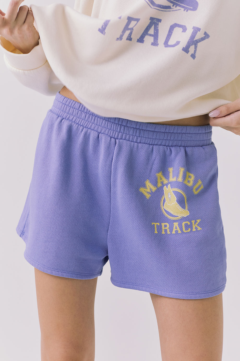 Chaser Malibu Track Shorts in Soft Blue with elastic waistband and vintage Malibu Track graphic