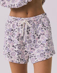 Chaser Vintage Paisley Shorts in Story White cropped front view featuring elastic drawstring waistband and relaxed fit