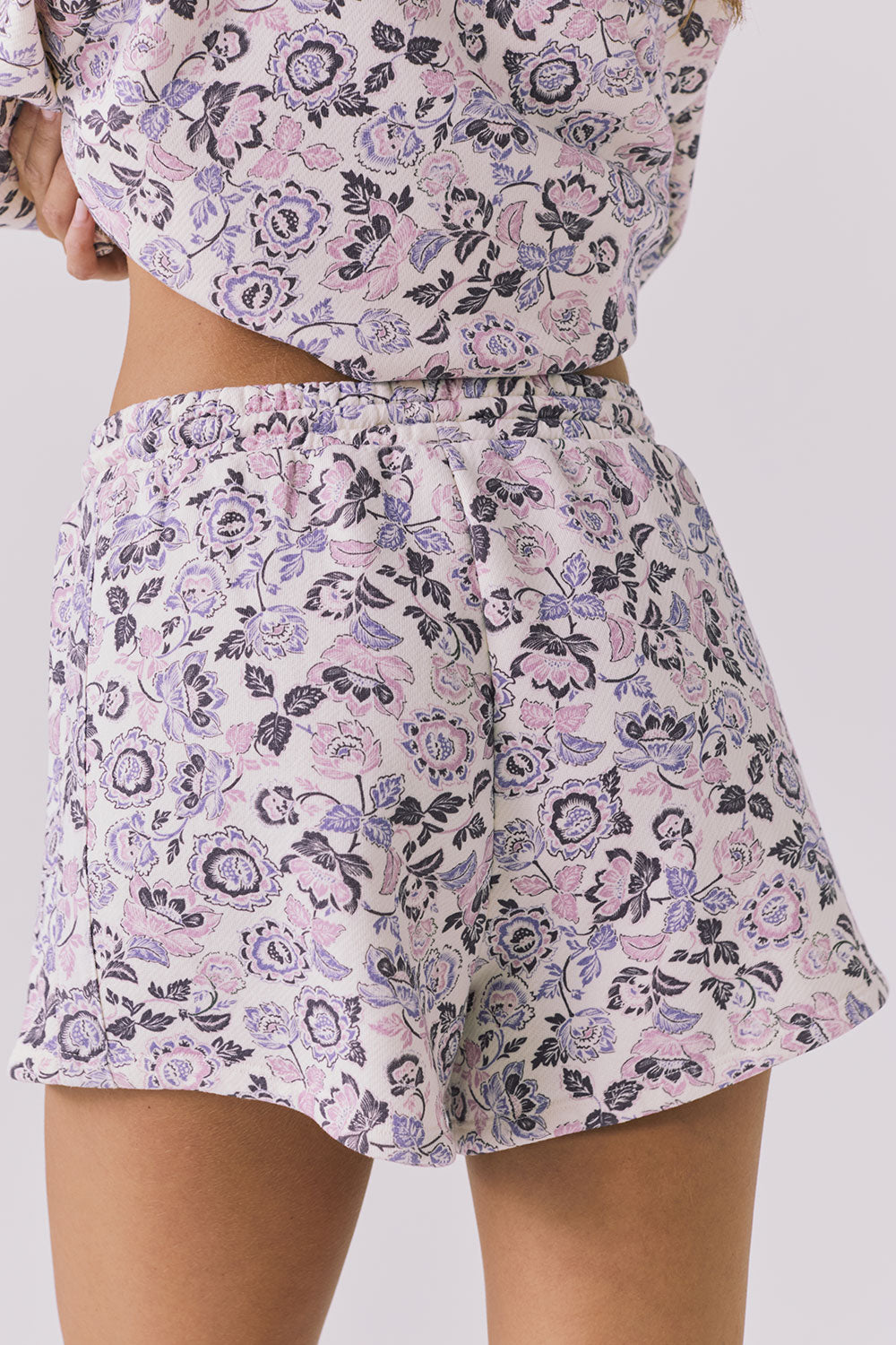 Chaser Vintage Paisley Shorts in Story White back view featuring elastic waistband and relaxed silhouette