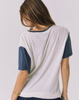 Chaser Howdy Tee in Starry White and Navy shown from the back with contrast navy sleeves and an easy slightly oversized silhouette