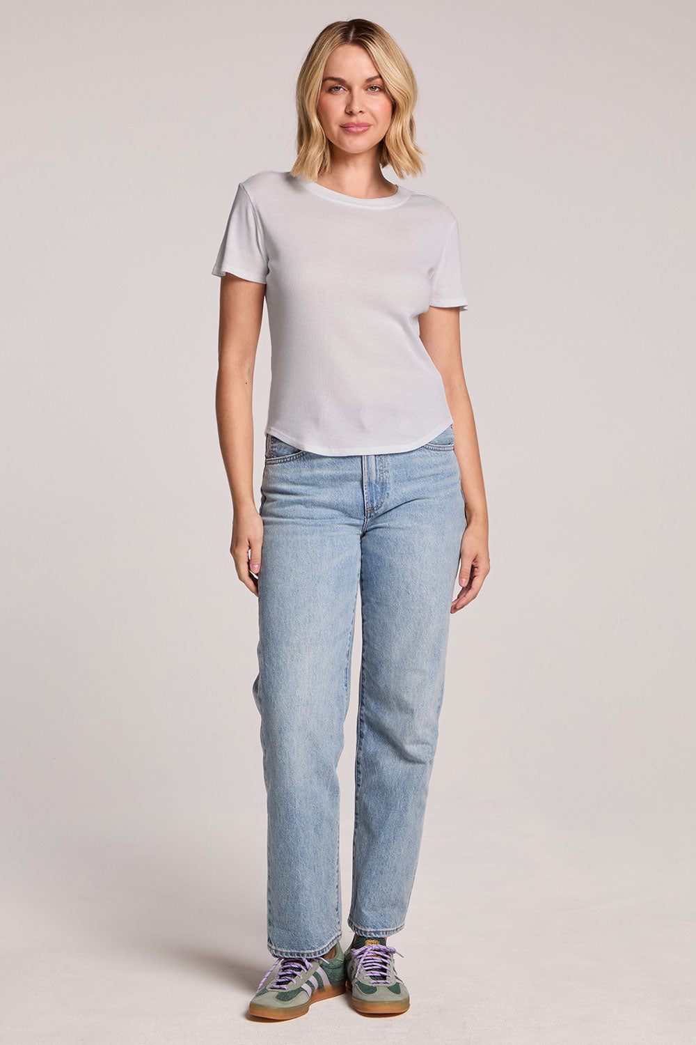 Chaser Louisa Tee in Light Heather Grey shown in full body view with classic crew neckline and relaxed fit
