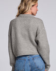 Model wearing Chaser's Winter Heather Grey Fortune Cardigan in Winter Heather Grey cropped button-front knit with pointed collar, back view