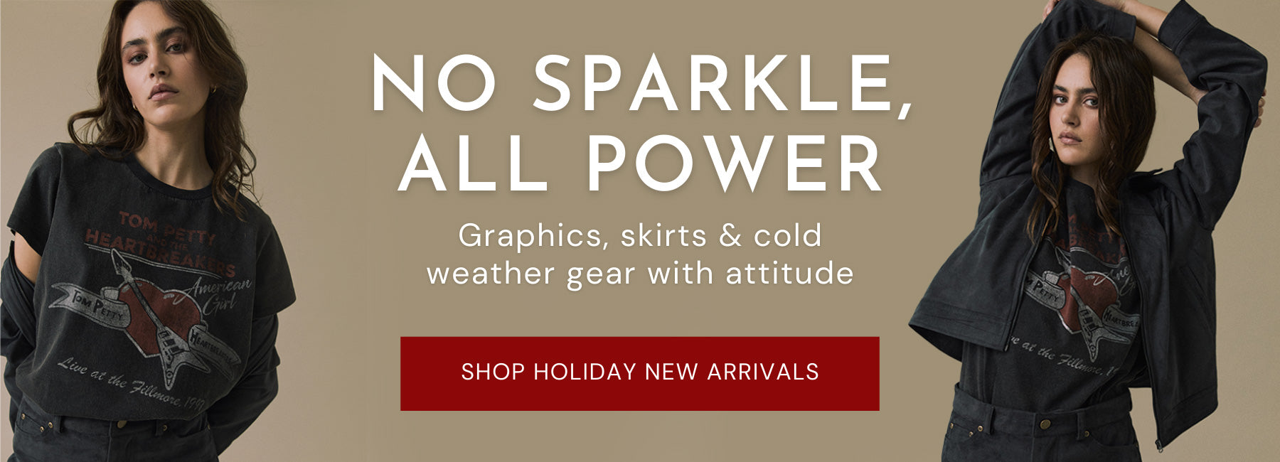 Woman in Chaser graphic tee, black denim mini skirt, and matching jacket with rocker boots, styled in studio for a gritty holiday vibe