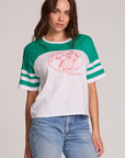 Front view of a woman wearing the Chaser  Biker Rider Graphic Tee on a neutral background